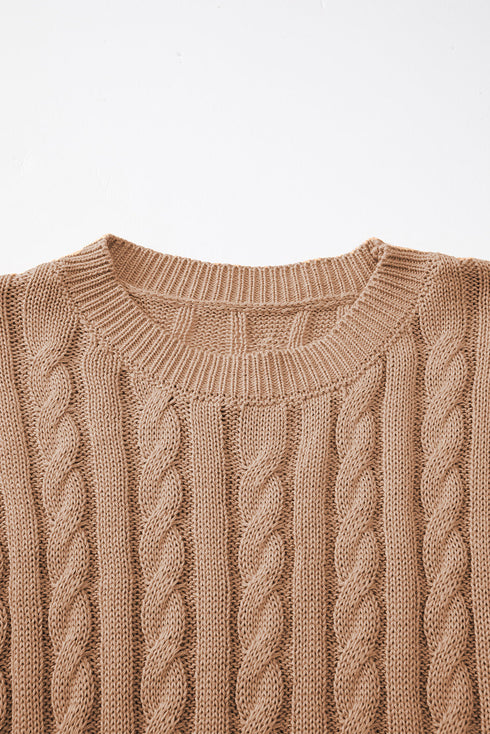 Relaxed Cable Knit Crew Neck Short Sleeve Sweater