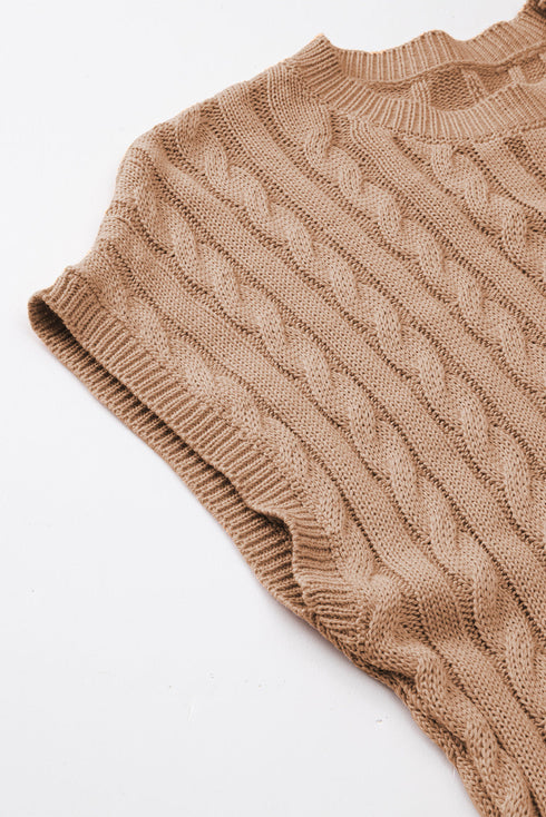 Relaxed Cable Knit Crew Neck Short Sleeve Sweater