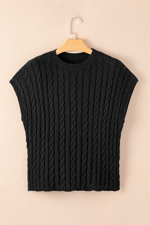 Relaxed Cable Knit Crew Neck Short Sleeve Sweater