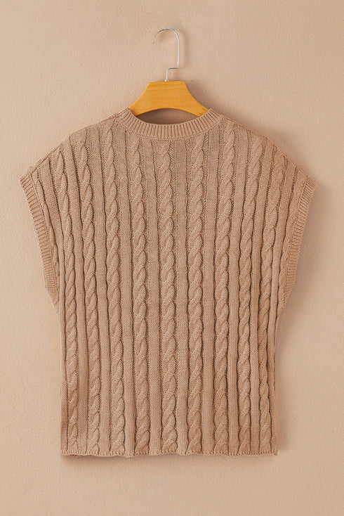 Relaxed Cable Knit Crew Neck Short Sleeve Sweater