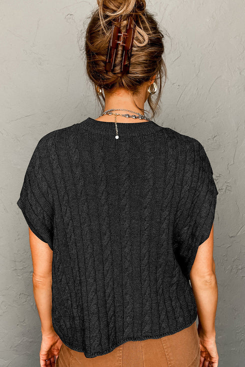 Relaxed Cable Knit Crew Neck Short Sleeve Sweater