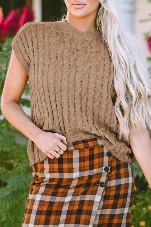 Relaxed Cable Knit Crew Neck Short Sleeve Sweater