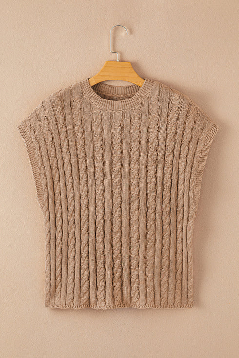Relaxed Cable Knit Crew Neck Short Sleeve Sweater