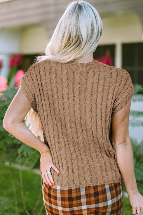 Relaxed Cable Knit Crew Neck Short Sleeve Sweater