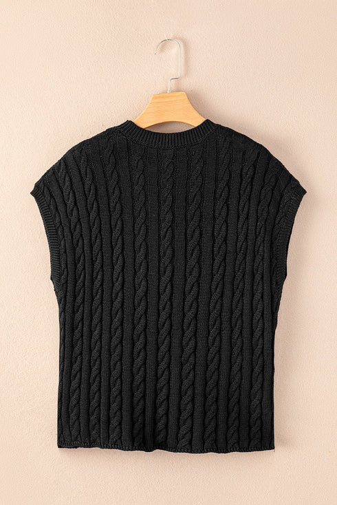 Relaxed Cable Knit Crew Neck Short Sleeve Sweater
