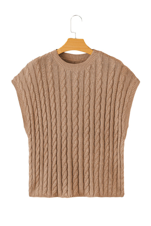 Relaxed Cable Knit Crew Neck Short Sleeve Sweater