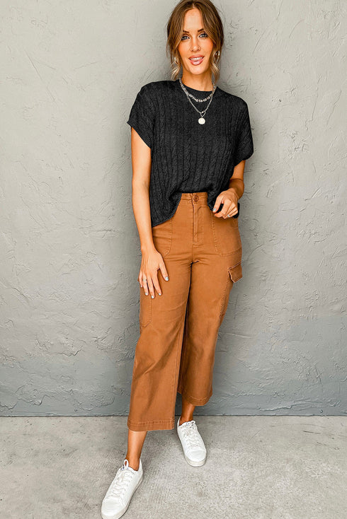 Relaxed Cable Knit Crew Neck Short Sleeve Sweater