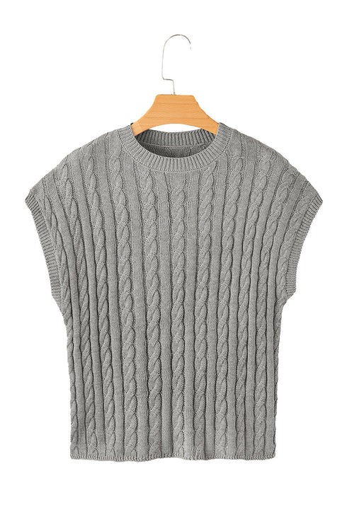 Relaxed Cable Knit Crew Neck Short Sleeve Sweater