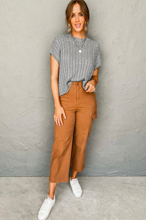 Relaxed Cable Knit Crew Neck Short Sleeve Sweater