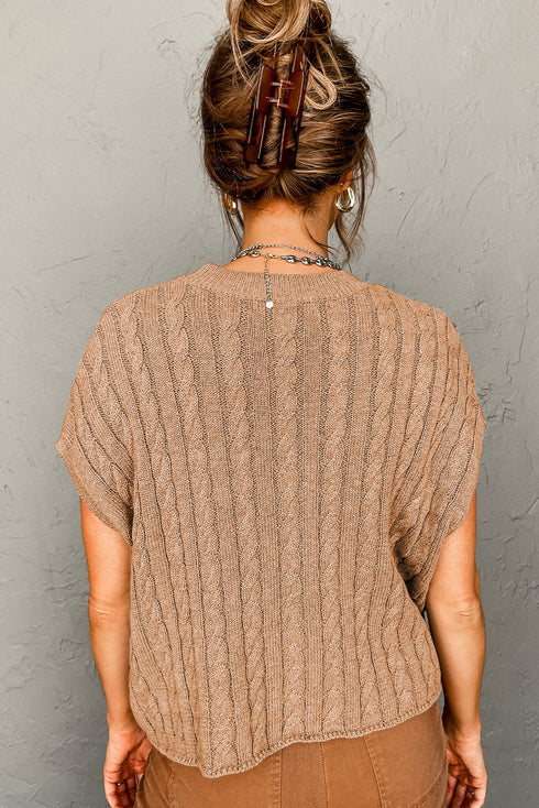 Relaxed Cable Knit Crew Neck Short Sleeve Sweater