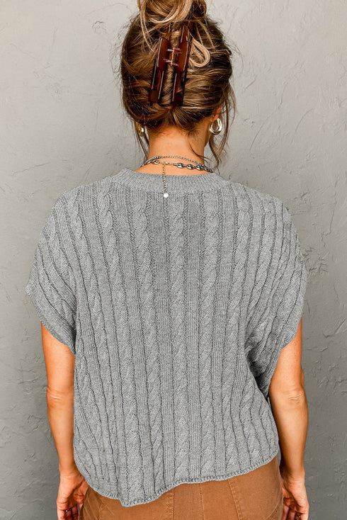 Relaxed Cable Knit Crew Neck Short Sleeve Sweater