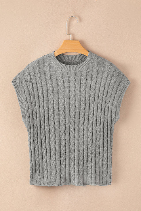 Relaxed Cable Knit Crew Neck Short Sleeve Sweater