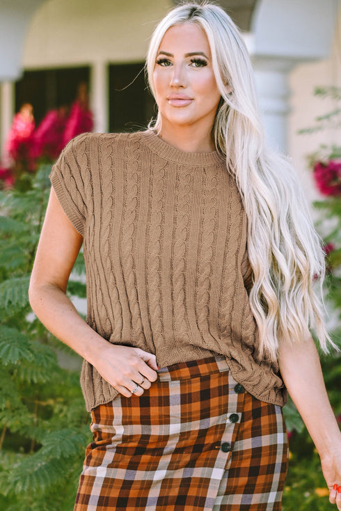 Relaxed Cable Knit Crew Neck Short Sleeve Sweater