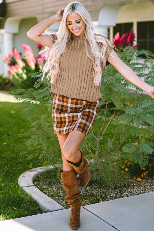 Relaxed Cable Knit Crew Neck Short Sleeve Sweater
