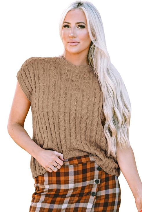Relaxed Cable Knit Crew Neck Short Sleeve Sweater