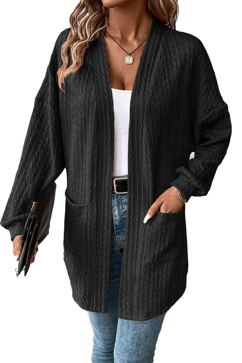 Relaxed Cable Knit Open Front Pocketed Cardigan