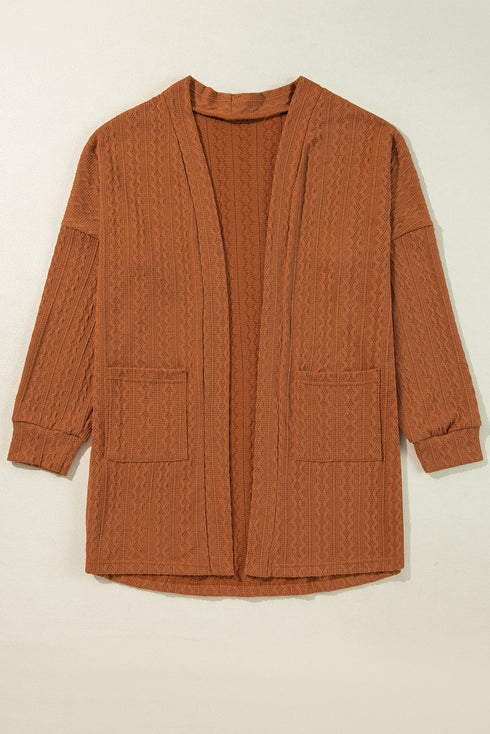 Relaxed Cable Knit Open Front Pocketed Cardigan