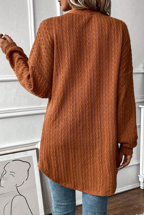 Relaxed Cable Knit Open Front Pocketed Cardigan