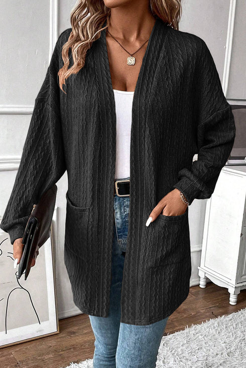 Relaxed Cable Knit Open Front Pocketed Cardigan
