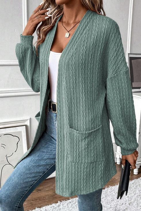 Relaxed Cable Knit Open Front Pocketed Cardigan