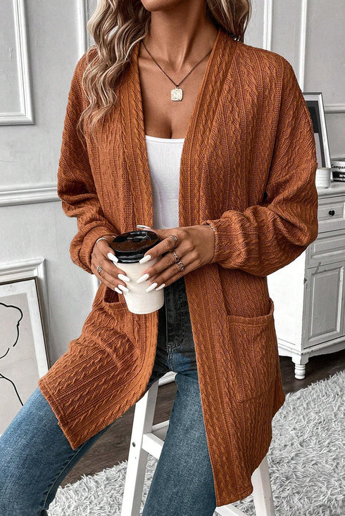 Relaxed Cable Knit Open Front Pocketed Cardigan