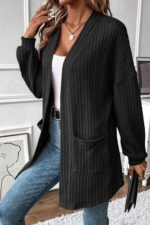 Relaxed Cable Knit Open Front Pocketed Cardigan