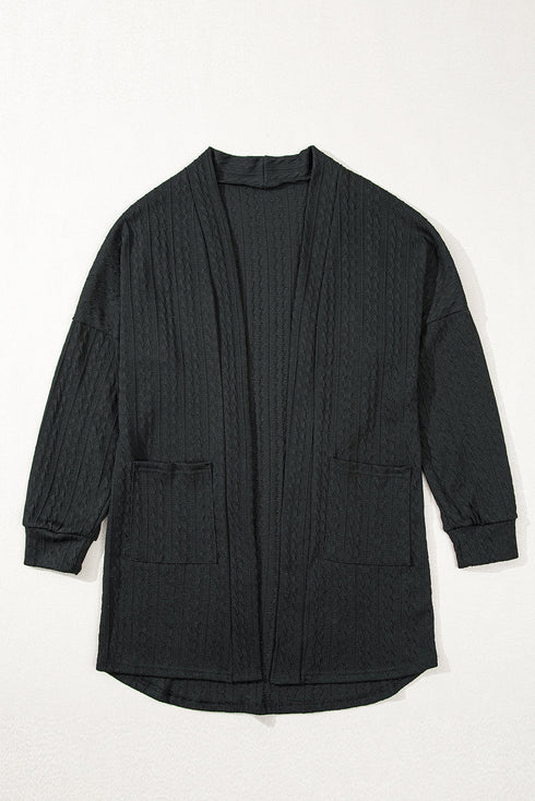 Relaxed Cable Knit Open Front Pocketed Cardigan