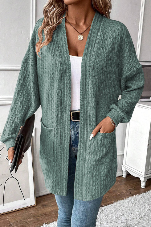Relaxed Cable Knit Open Front Pocketed Cardigan