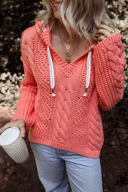 Relaxed Cable Knit V Neck Drawstring Hooded Sweater