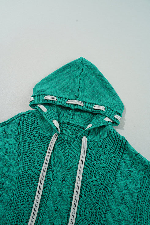 Relaxed Cable Knit V Neck Drawstring Hooded Sweater