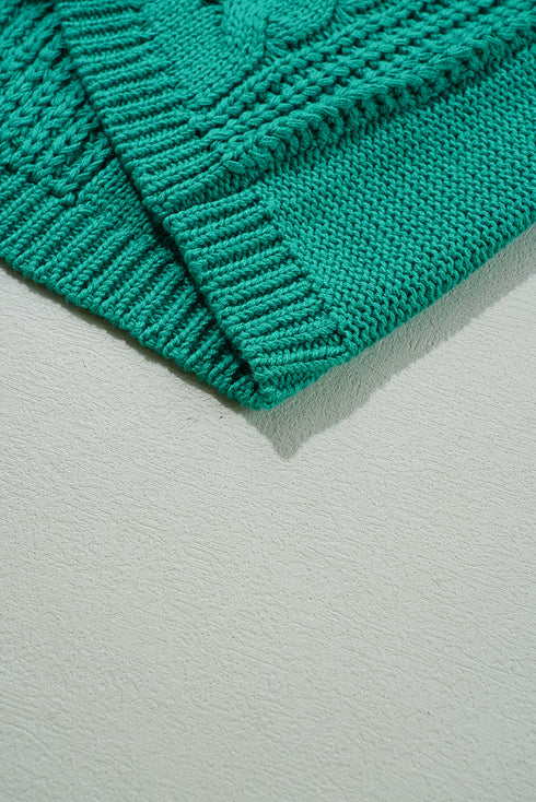 Relaxed Cable Knit V Neck Drawstring Hooded Sweater