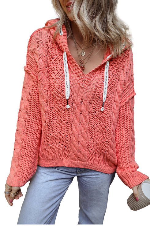 Relaxed Cable Knit V Neck Drawstring Hooded Sweater