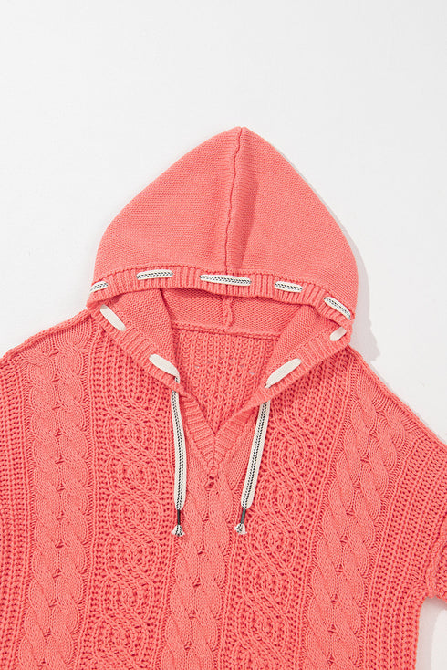 Relaxed Cable Knit V Neck Drawstring Hooded Sweater