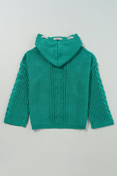 Relaxed Cable Knit V Neck Drawstring Hooded Sweater