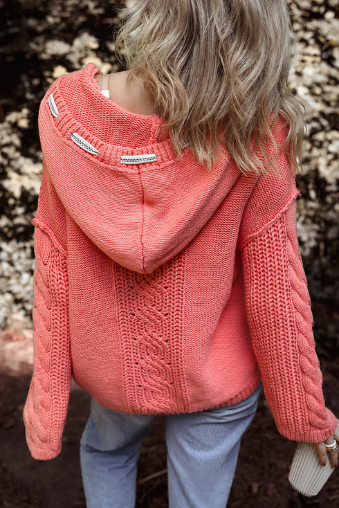 Relaxed Cable Knit V Neck Drawstring Hooded Sweater