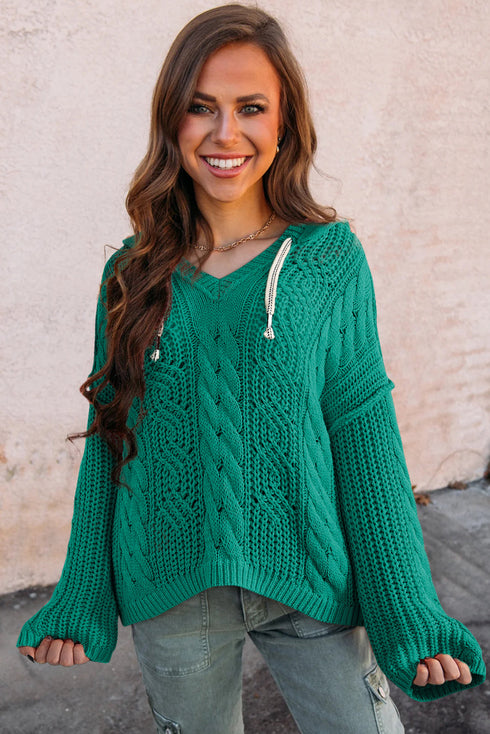 Relaxed Cable Knit V Neck Drawstring Hooded Sweater
