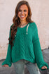 Relaxed Cable Knit V Neck Drawstring Hooded Sweater