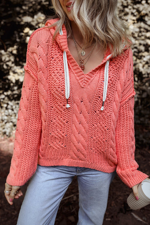 Relaxed Cable Knit V Neck Drawstring Hooded Sweater