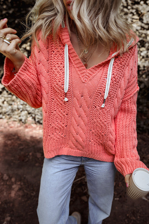 Relaxed Cable Knit V Neck Drawstring Hooded Sweater