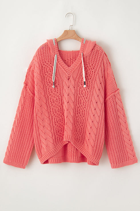 Relaxed Cable Knit V Neck Drawstring Hooded Sweater