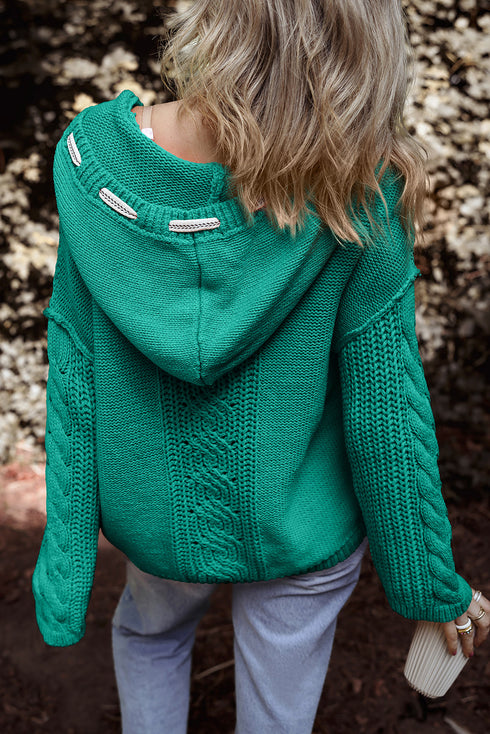 Relaxed Cable Knit V Neck Drawstring Hooded Sweater