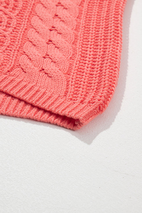 Relaxed Cable Knit V Neck Drawstring Hooded Sweater