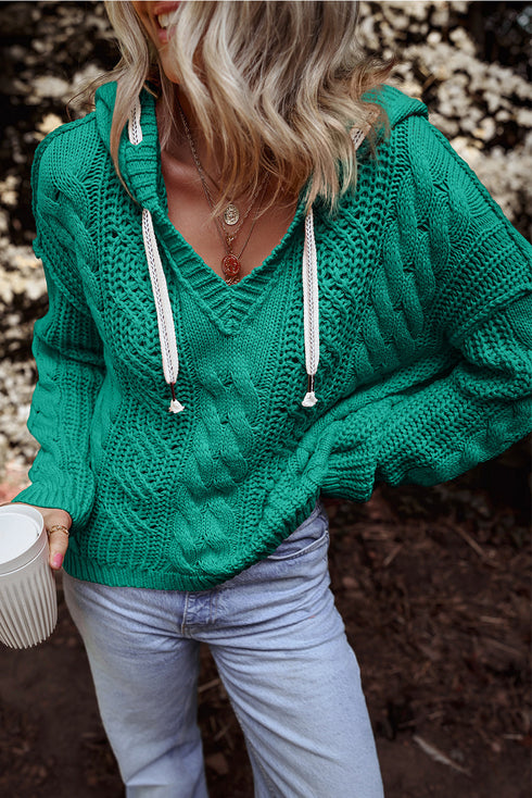 Relaxed Cable Knit V Neck Drawstring Hooded Sweater