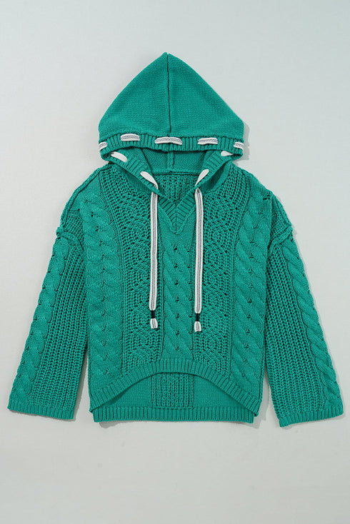 Relaxed Cable Knit V Neck Drawstring Hooded Sweater