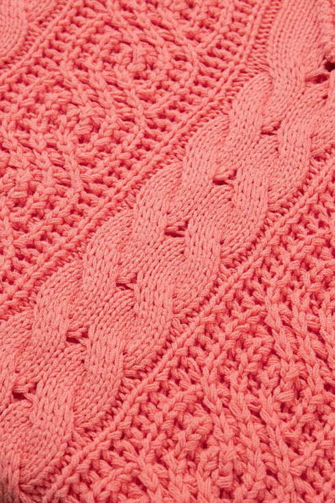Relaxed Cable Knit V Neck Drawstring Hooded Sweater