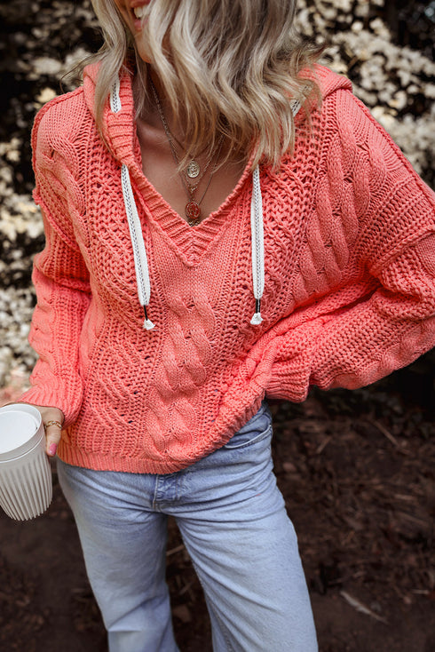 Relaxed Cable Knit V Neck Drawstring Hooded Sweater
