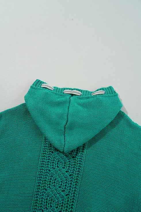 Relaxed Cable Knit V Neck Drawstring Hooded Sweater