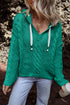 Relaxed Cable Knit V Neck Drawstring Hooded Sweater