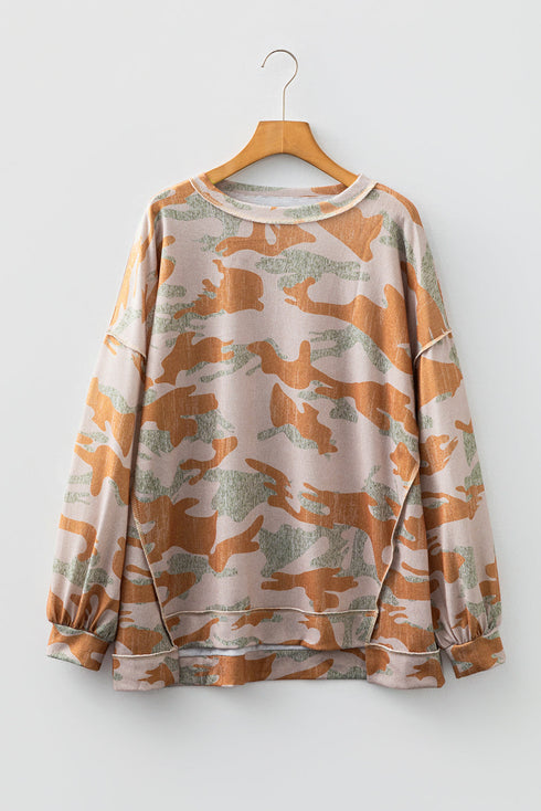 Relaxed Camouflage Print Drop Shoulder Long Sleeve Tunic Top