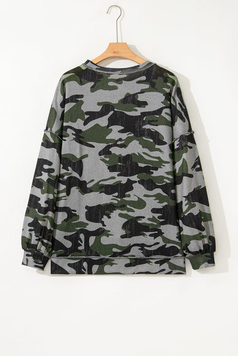 Relaxed Camouflage Print Drop Shoulder Long Sleeve Tunic Top